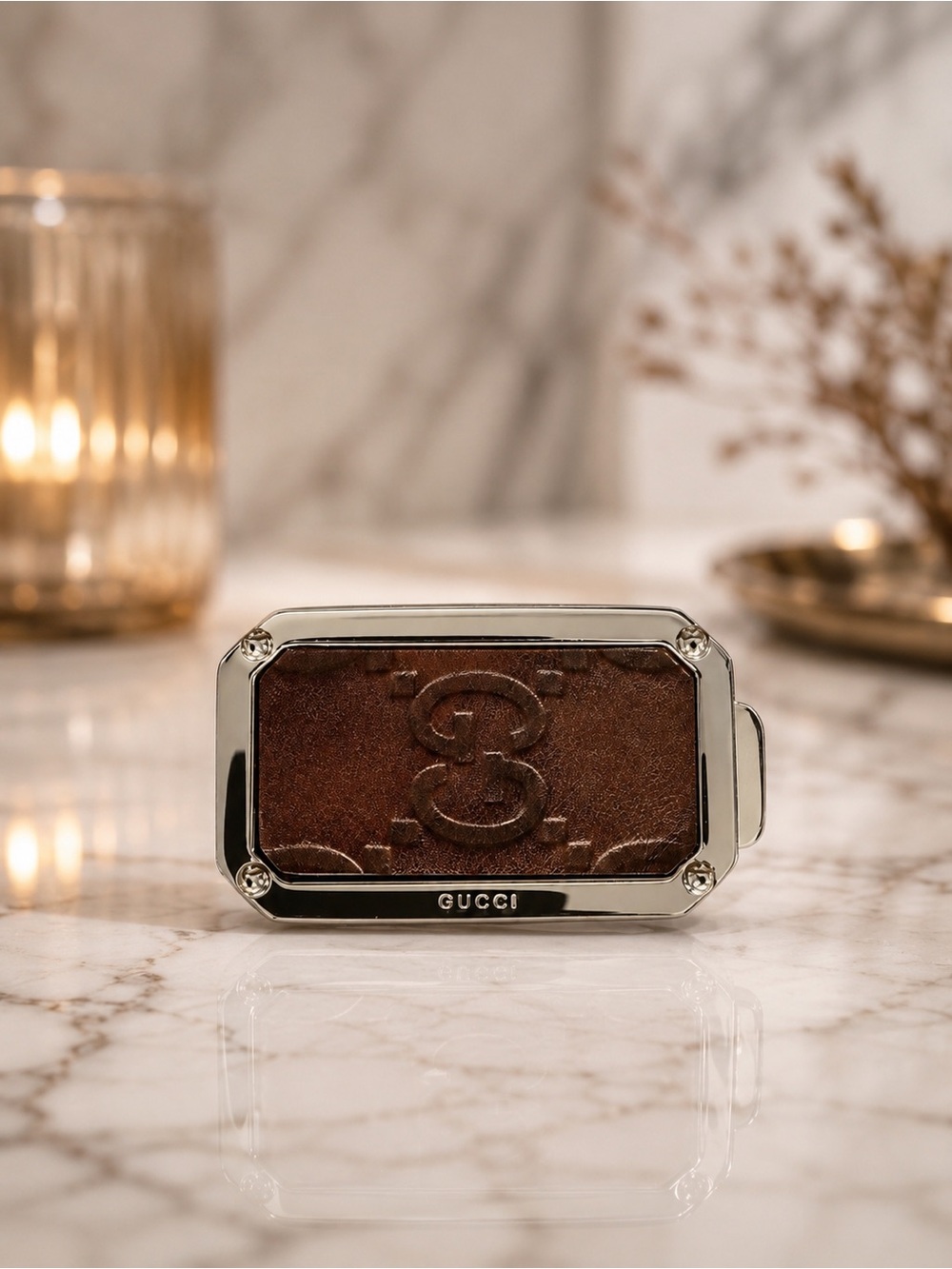 Gucci Leather & Palladium Money Clip | Brown GG Leather | Full Inclusion